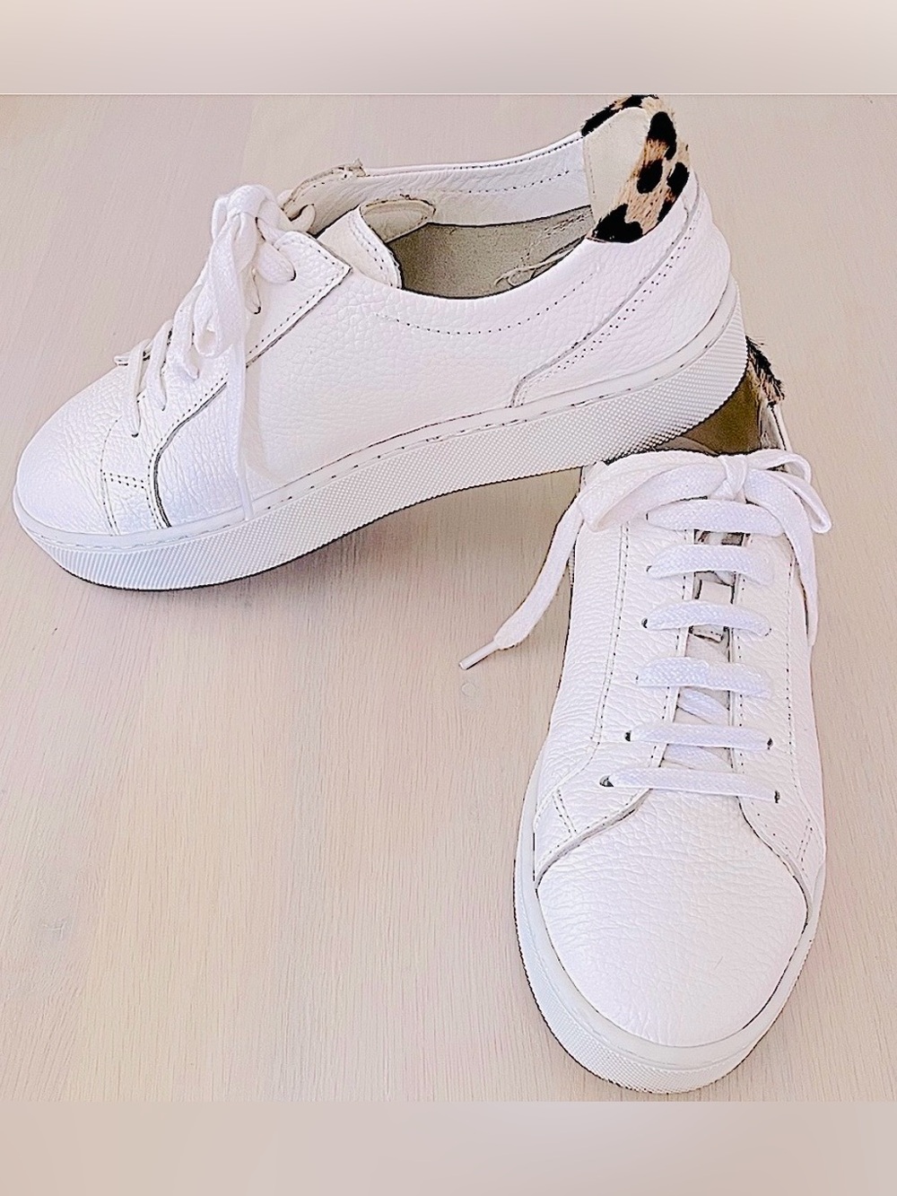 ZARA white leather platform sneakers with genuine cow hair leopard trim - Picture 7 of 8